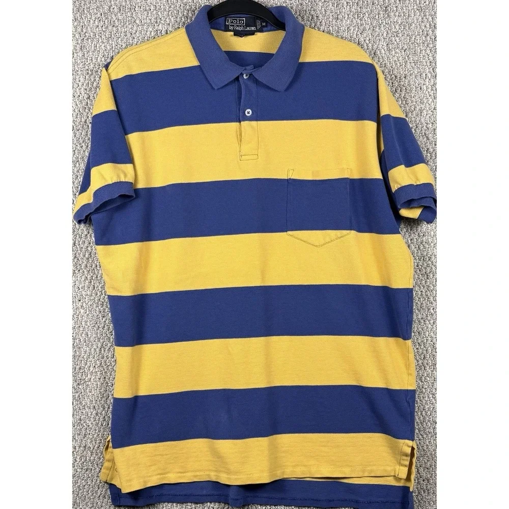 Vintage Polo Ralph Lauren Big Shirt Rugby Stripe Polo M Blue Yellow Pocket